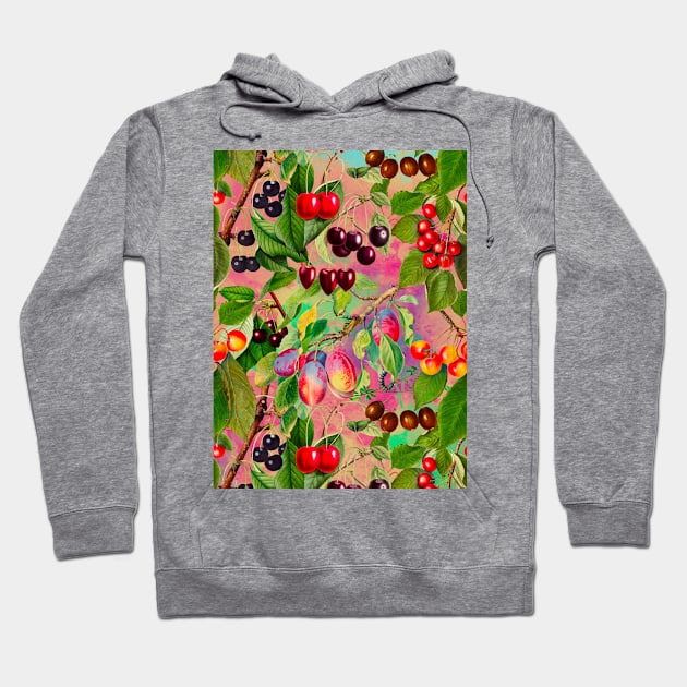 Exotic tropical floral leaves and fruits, botanical pattern, tropical plants, Blush rose pink fruit pattern over a Hoodie by Zeinab taha